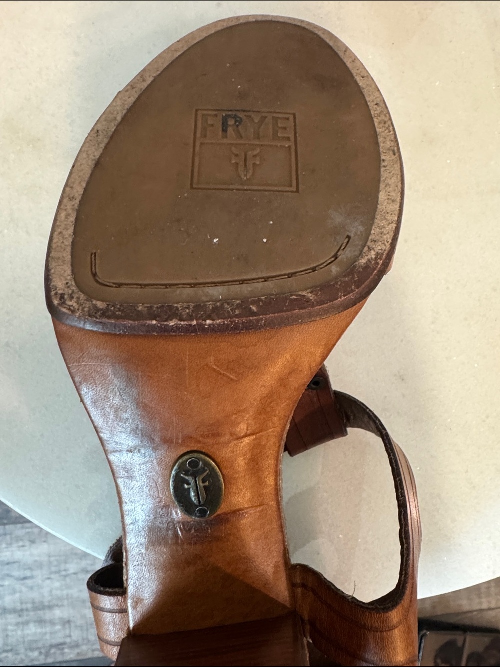 Frye Cognac Leather T-Strap Block Heel Sandals - Picture 9 of 11